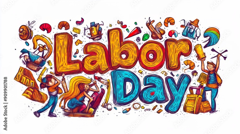 Obraz premium A colorful text Labor day design on white background. celebrate the Labor Day holiday and the importance of workers and construction.