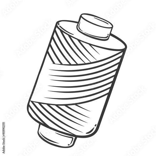 Spool of thread line icon. Hand drawn retro cotton yarn roll to sew stitches on fabric, dressmakers tool with plastic reel. Sewing, embroidery mascot, doodle thread coil icon vector illustration