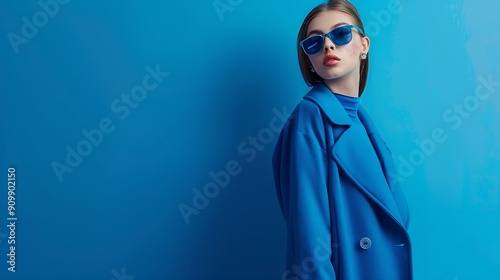 fashion portrait of young elegant woman in blue coat Total blue monochromatic fashion look blue tights blue background trendy eyewear : Generative AI