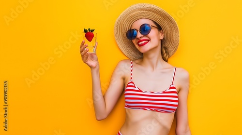 Happy young sexy woman slim body wear striped red blue onepiece swimsuit hold in hand glass strawberry isolated on vivid yellow color wall background studio Summer hotel pool sea rest  : Generative AI photo