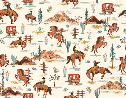 Cowboy and Cow girl seamless vector pattern. Howdy Cowboy boots, hat, horseshoe repeating background. Wild West surface pattern design for All fabric and Prints
