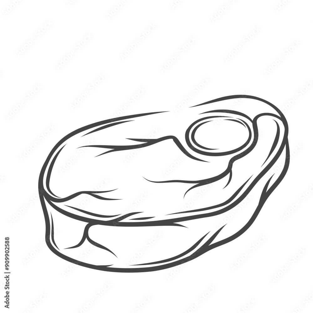 Obraz premium Steak with bone line icon. Hand drawn retro beefsteak, doodle cut of beef shank, organic raw meat chop with fat strip. Butchers shop, restaurant menu mascot, outline steak icon vector illustration
