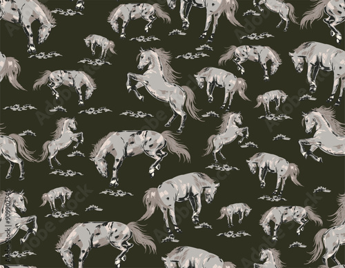 Seamless wallpaper pattern. The running horses hand drawn  Vector illustration.