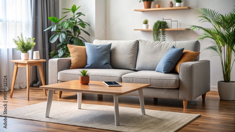 Fototapeta premium A clutter-free living room with a comfortable couch, a modern smartphone lies on the side table, surrounded by subtle hints of e-commerce and digital communication.