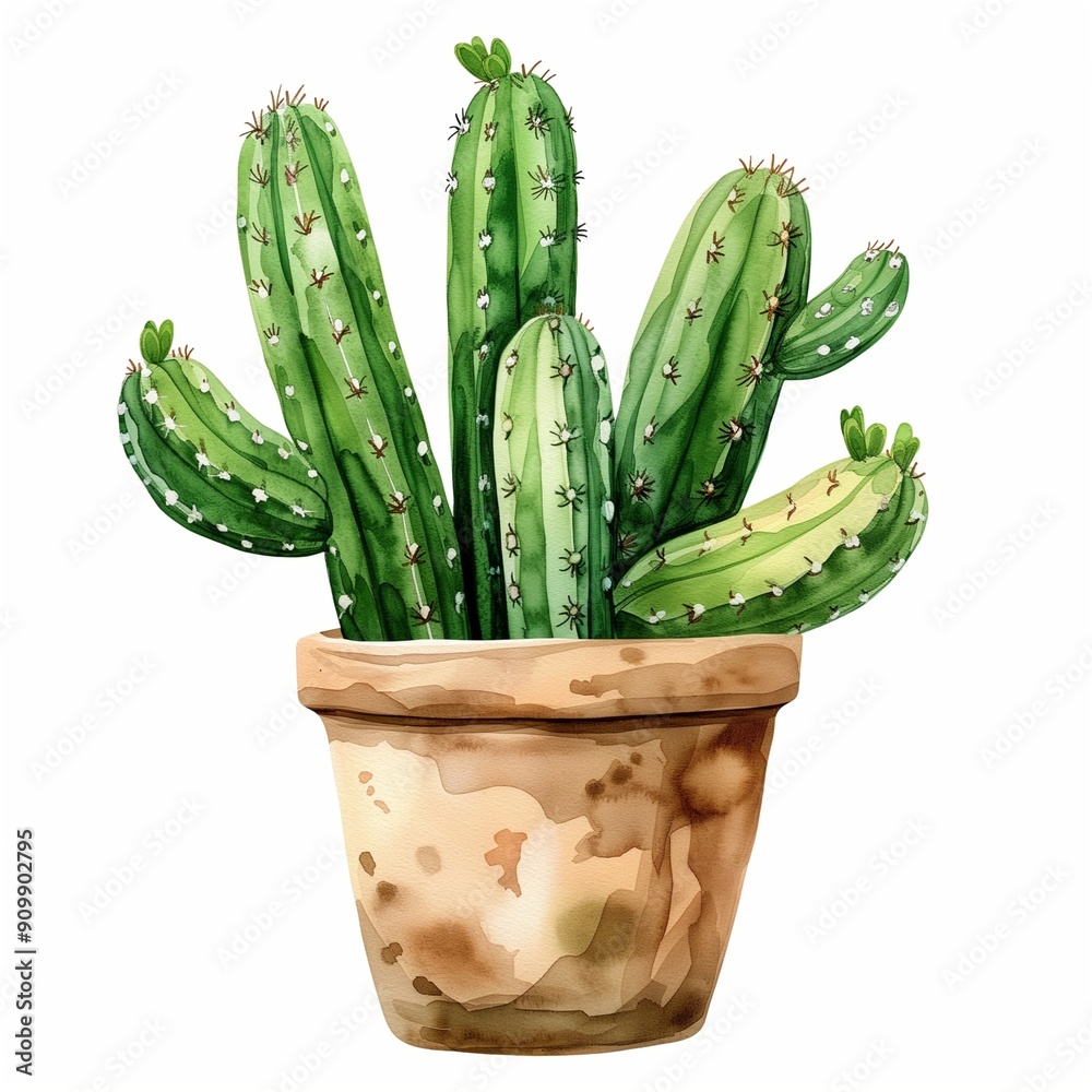 Watercolor painting of a cactus in a pot on a white background Watercolor painting of a cactus in a pot on a white background