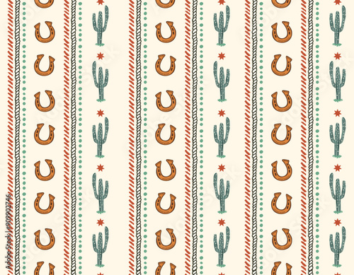 Vertical stripe Desert cactus and Horseshoe Hand drawn Stryle Vector Illustration