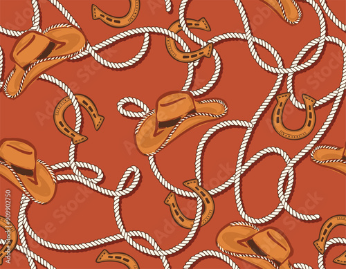 owboy and Cow girl seamless vector pattern. Howdy Cowboy hat, horseshoe and Rope repeating background.