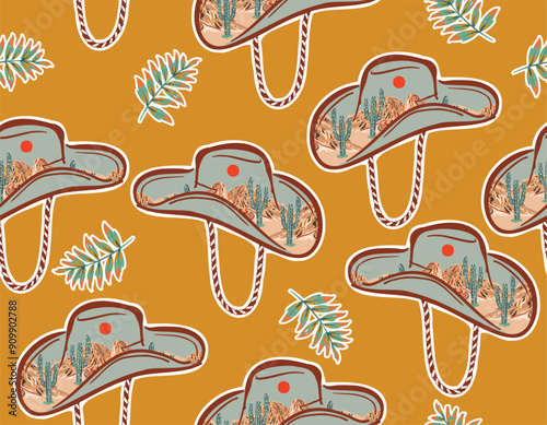 Cowboy and Cow girl seamless vector pattern. Howdy Cowboy boots, hat, horseshoe repeating background. Wild West surface pattern design f