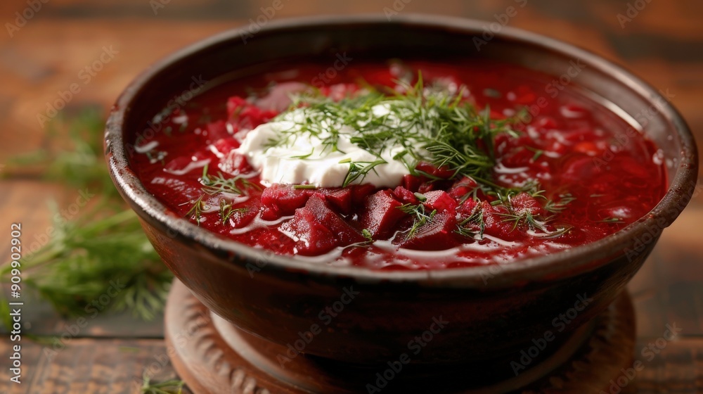 A vibrant bowl of traditional Russian borscht features beets, cabbage, and fresh dill, topped with a dollop of sour cream, showcasing rich flavors and colors