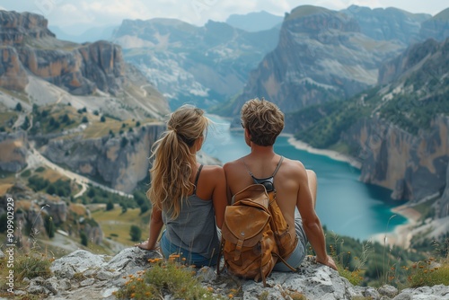 Couple Enjoying Scenic View Over Mountain Lake During Bright Sunny Day photo