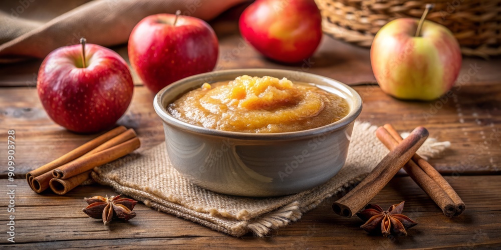 Freshly made golden brown apple sauce in a ceramic bowl garnished with a sprinkle of cinnamon, set against a rustic wooden table's warm grainy texture. Freshly made golden brown apple sauce in a ceramic bowl garnished with a sprinkle of cinnamon, set against a rustic wooden table's warm grainy texture.