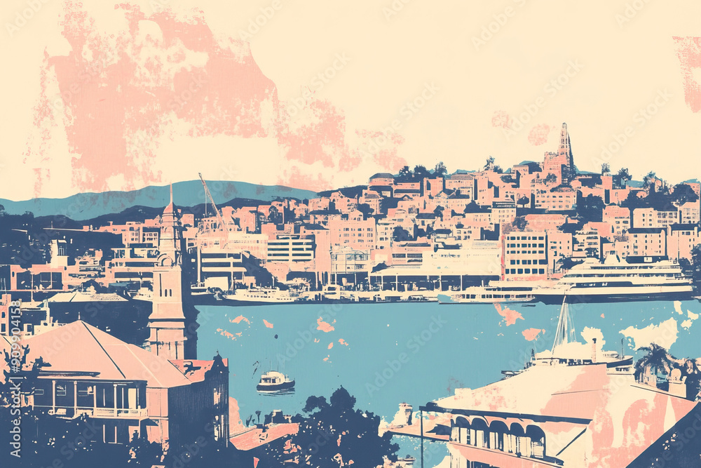 Fototapeta premium Risograph colorful riso print travel poster, card, wallpaper or banner illustration, modern, isolated, clear, simple of Hobart, Australia
