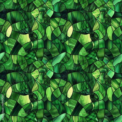 Abstract seamless pattern of green stained glass.