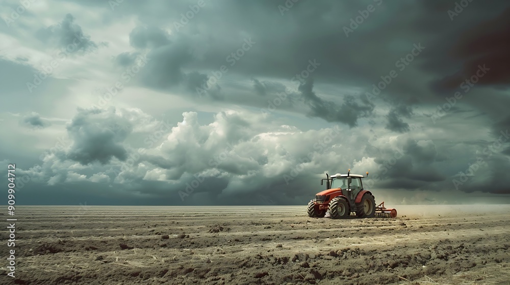 Fototapeta premium Farmer in tractor ploughing field on cloudy day : Generative AI