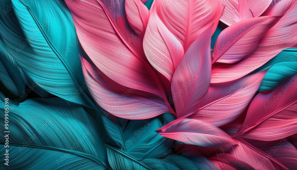 Dynamic Abstract Leaves in Bold Pink and Teal Hues Dynamic Abstract Leaves in Bold Pink and Teal Hues