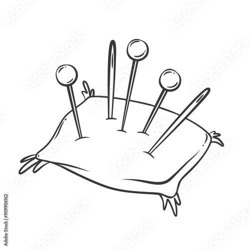 Pin cushion line icon. Hand drawn retro cushion with stuck pins and needles, pillow for safe storage of sharp tailoring tools. Dressmaking, sewing mascot, doodle pincushion icon vector illustration