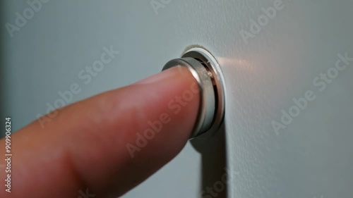 A finger presses a sleek, metallic doorbell button mounted on a plain wall