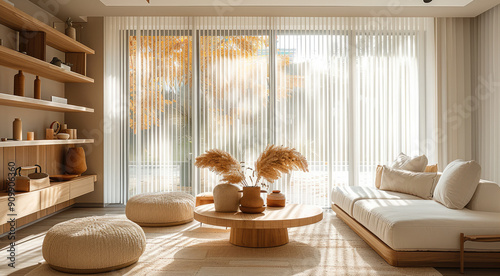 Minimalist living room with light wood furniture, white vertical blinds on a large window, a sofa and armchair in neutral tones, a wooden coffee table near a wall with shelves. Generative AI.