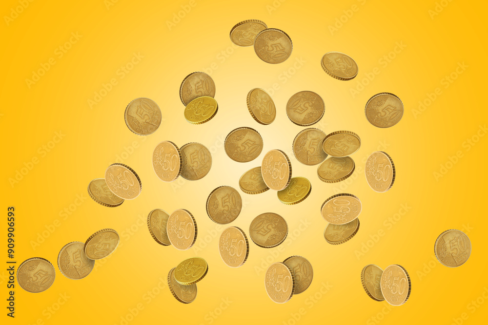Many euro cent coins in air on golden background Many euro cent coins in air on golden background