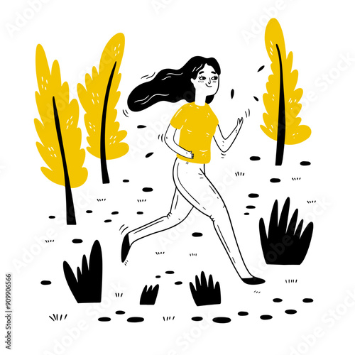 A running woman. A happy, active girl jogging in the park.  Runner, cardio, warm-up. A smiling female runner in a sports uniform and sneakers. Vector illustration hand-drawn in sketch style, doodle