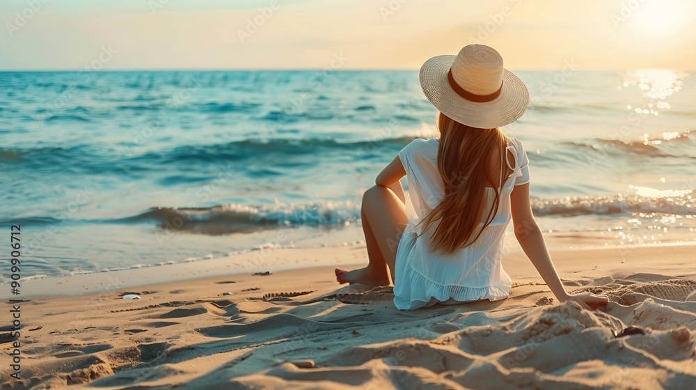 Shot of beautiful young woman sitting on the beach while dreaming and ...