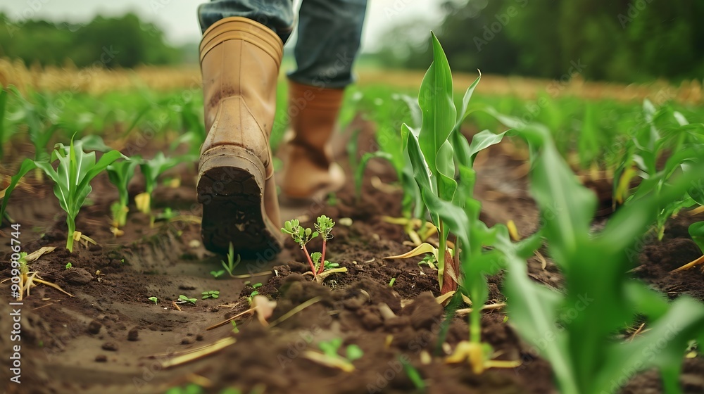 Farmer walking corn sprouts in field agriculture a business concept The farmers feet touch corn field closeup of a farmers legs in rubber boots walking through a corn lifestyle field : Generative AI Farmer walking corn sprouts in field agriculture a business concept The farmers feet touch corn field closeup of a farmers legs in rubber boots walking through a corn lifestyle field : Generative AI
