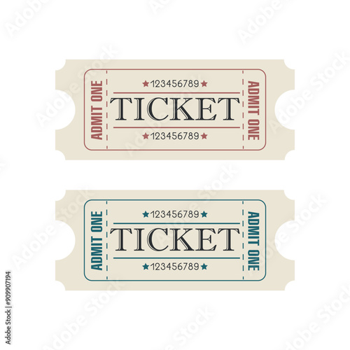 Vintage tickets set for circus, concert, boarding, lottery, movie, casino, theater, cinema, carnival, voucher on white isolated background. Two retro tickets