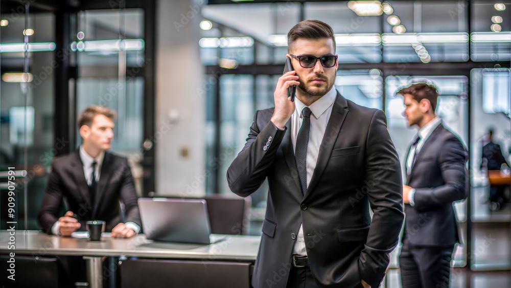 High-profile business leader with close security in office space
High-profile business leader with close security in office space