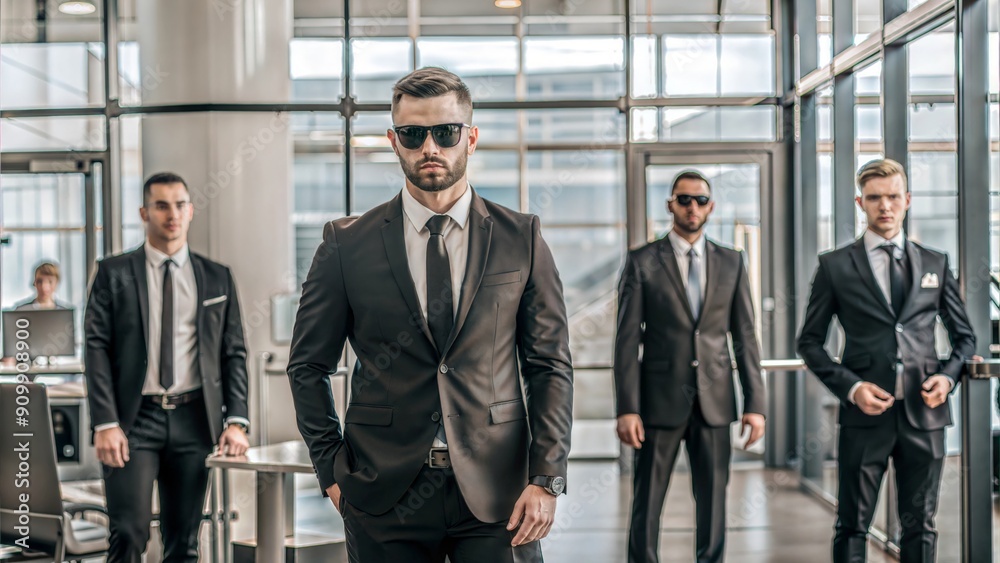 Corporate executive with security detail in modern office environment
Corporate executive with security detail in modern office environment