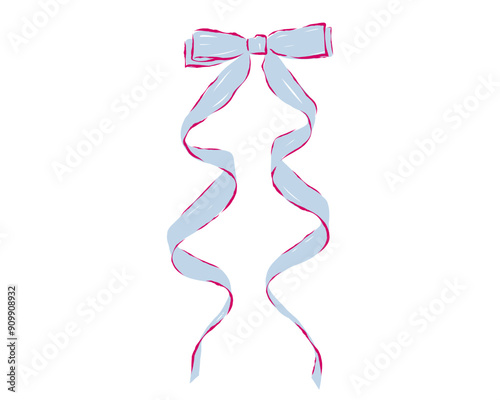 Curly ribbon bow illustration with long tails isolated on white background