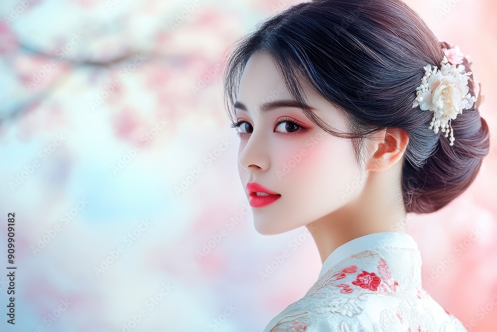 Fototapeta premium Beautiful Asian woman with an elegant updo featuring white, red, and blue colors, on a soft pastel background