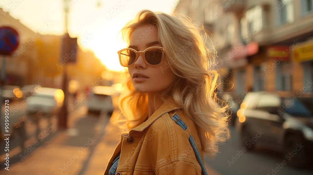 Beautiful blond woman  in stylish fashion casual outfit posing  on the street  Warm sunset color : Generative AI