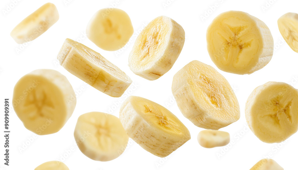 Sliced banana pieces falling against a white background, showcasing fresh and healthy fruit for culinary and nutritional purposes. Sliced banana pieces falling against a white background, showcasing fresh and healthy fruit for culinary and nutritional purposes.