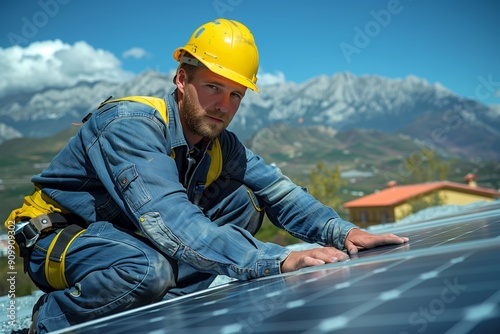 Wallpaper Mural Skilled Solar Panel Installer Working on Rooftop in Scenic Mountain Landscape During Bright Sunny Day Torontodigital.ca