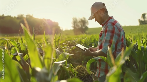 Farmer man in corn field works with computer Business Farm Agriculture concept Farmer with computer tablet in green corn field Modern digital technologies Worker works on farm Agronomi : Generative AI photo