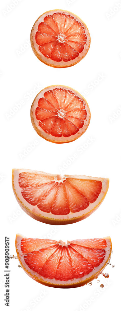 Freshly sliced grapefruit arranged in a vertical line, showcasing juicy pulp and vibrant color on a transparent background. Freshly sliced grapefruit arranged in a vertical line, showcasing juicy pulp and vibrant color on a transparent background.