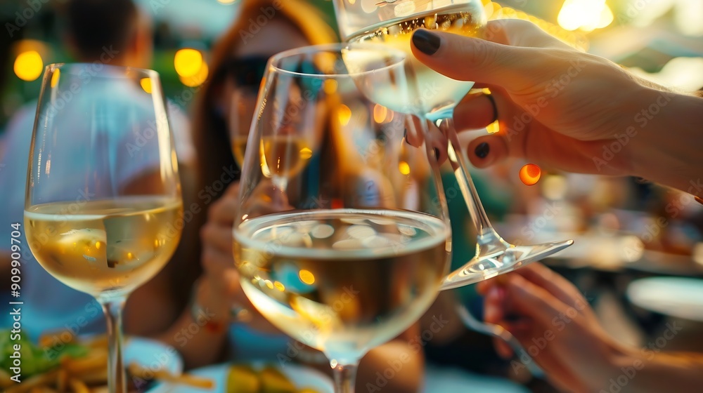 Fototapeta premium Happy friends having fun drinking white wine at street food festival Young people eating local plate at restaurant reopening together Travel and dinning life style concept on light n : Generative AI