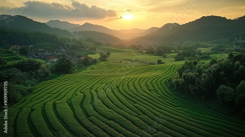 Sunrise over rolling green rice paddies in mountainous landscape drone view, generative ai