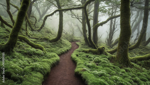 moist foggy morning in the forest, beautiful green mossy trees and empty pathway photo