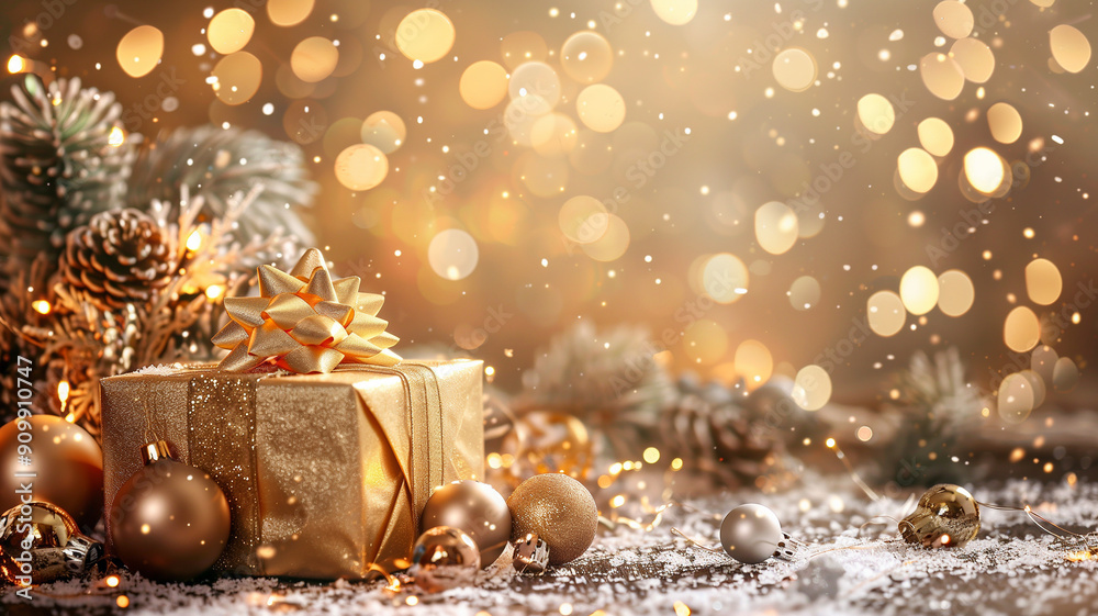 Christmas holiday background decorate with gift boxes, tree and ornaments, happy new year celebration, festive design scene 