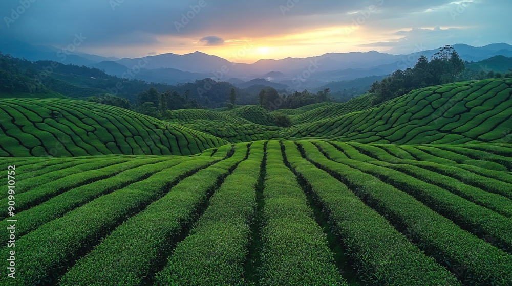 Rolling green hills with a lush tea plantation and a sunset in the background, generative ai Rolling green hills with a lush tea plantation and a sunset in the background, generative ai