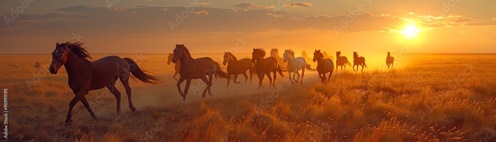 Herd of wild horses running through vast prairies, golden sunset, serene landscape Herd of wild horses running through vast prairies, golden sunset, serene landscape