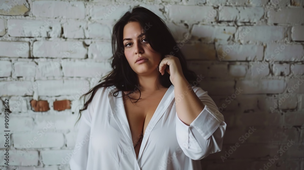 Beautiful plus size female model dressed in blank white shirt posing over brick wall background : Generative AI Beautiful plus size female model dressed in blank white shirt posing over brick wall background : Generative AI