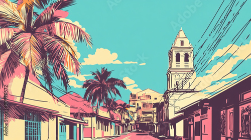 Risograph artistic riso print travel poster, card, wallpaper or banner illustration, modern, isolated, clear, simple of Iloilo City, Philippines. Artistic, screen printing, stencil photo