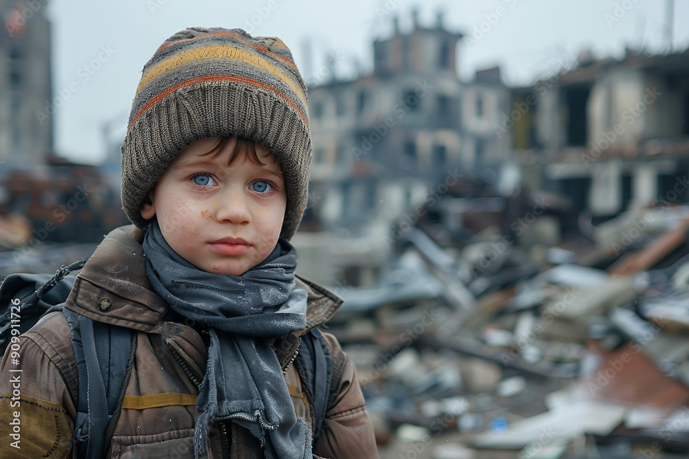 Sad crying victim child person in ruined building destruction war conflict civil crime war zone, Generative AI Sad crying victim child person in ruined building destruction war conflict civil crime war zone, Generative AI