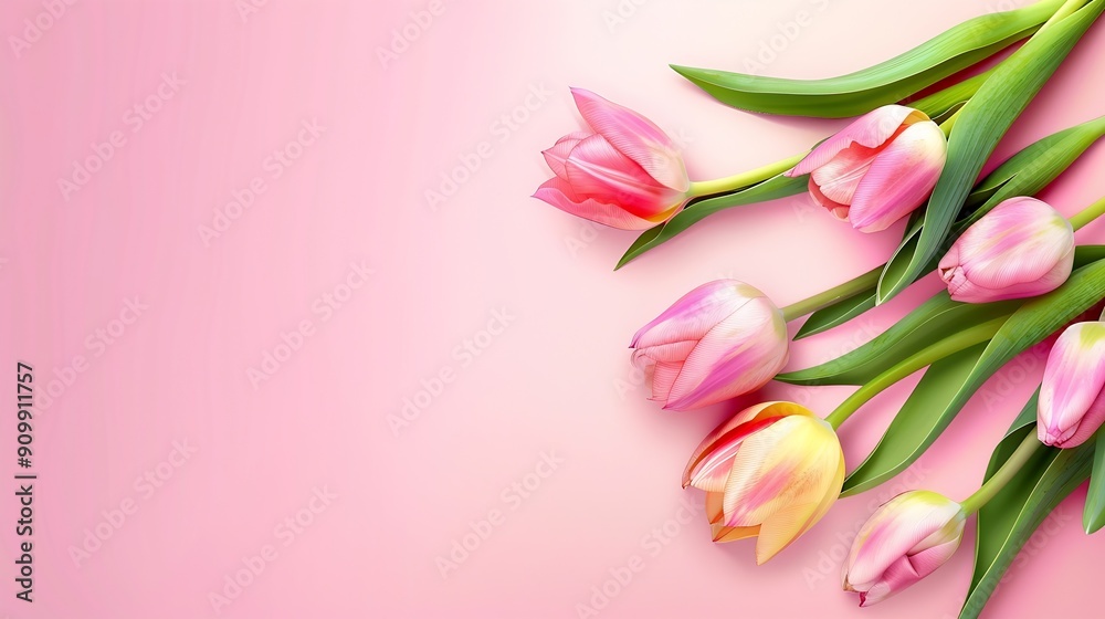 Banner for International Womens Day with beautiful tulips on pink background : Generative AI