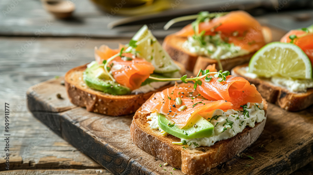 Avocado toast with smoked salmon for breakfast, homemade cuisine and traditional food, country life Avocado toast with smoked salmon for breakfast, homemade cuisine and traditional food, country life