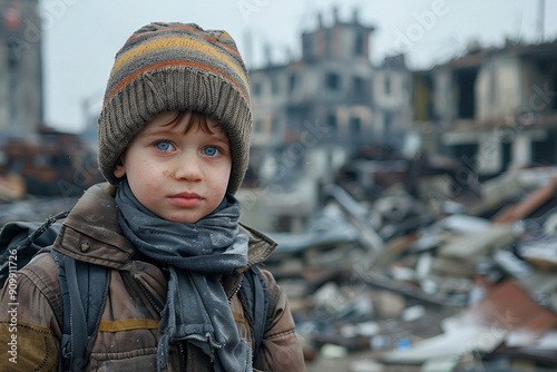 Sad crying victim child person in ruined building destruction war conflict civil crime war zone, Generative AI