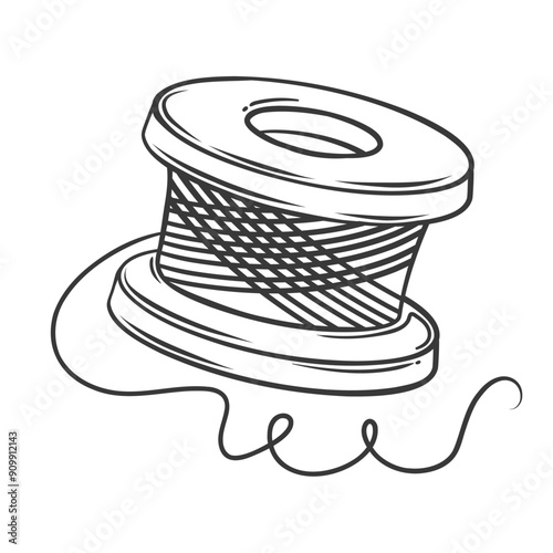 Bobbin of thread line icon. Hand drawn retro wooden spool of yarn roll, tailors tool to sew fabric. Tailoring equipment mascot, doodle prewound bobbin for sewing machine icon vector illustration