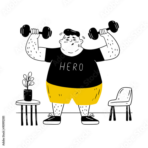 A fat man in a tracksuit is doing sports. A male character does sports, pumps muscles, lifts dumbbells and dreams of losing weight. Vector illustration hand-drawn in sketch style, doodle on an isolate